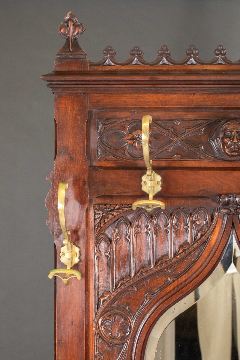 Large Neo-gothic Hall Coat Rack In Carved Wood, With Mirror And Brass Hooks – 19th Century-photo-7
