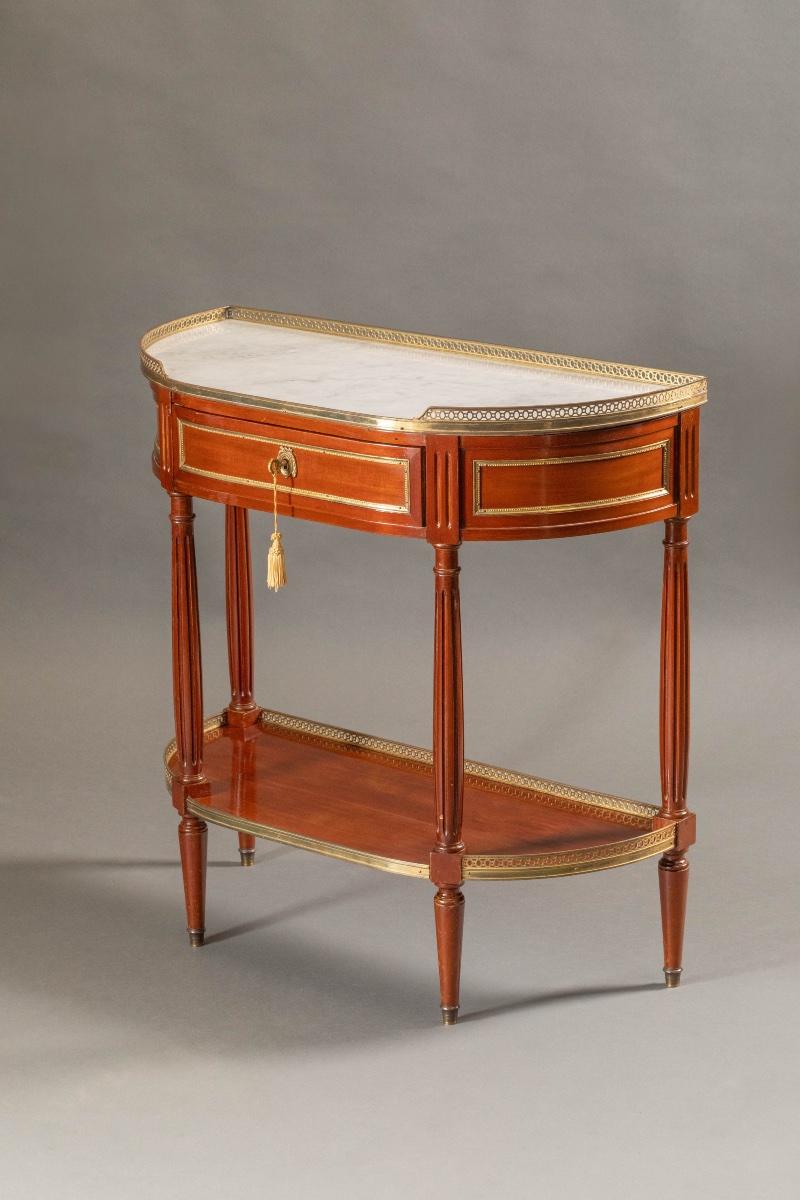 Console demi-lune Louis XVI acajou & marbre, galerie laiton – signée Maison Gauffe-photo-1