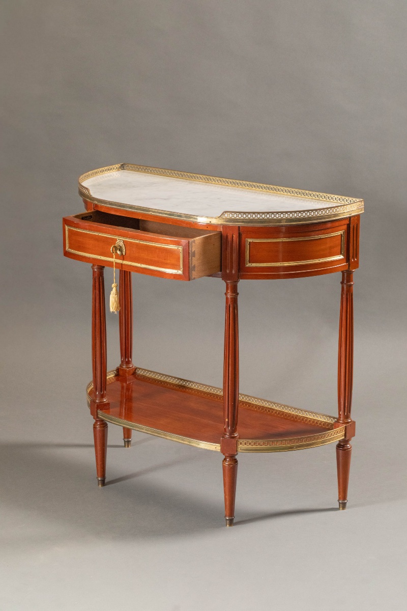 Console demi-lune Louis XVI acajou & marbre, galerie laiton – signée Maison Gauffe-photo-2