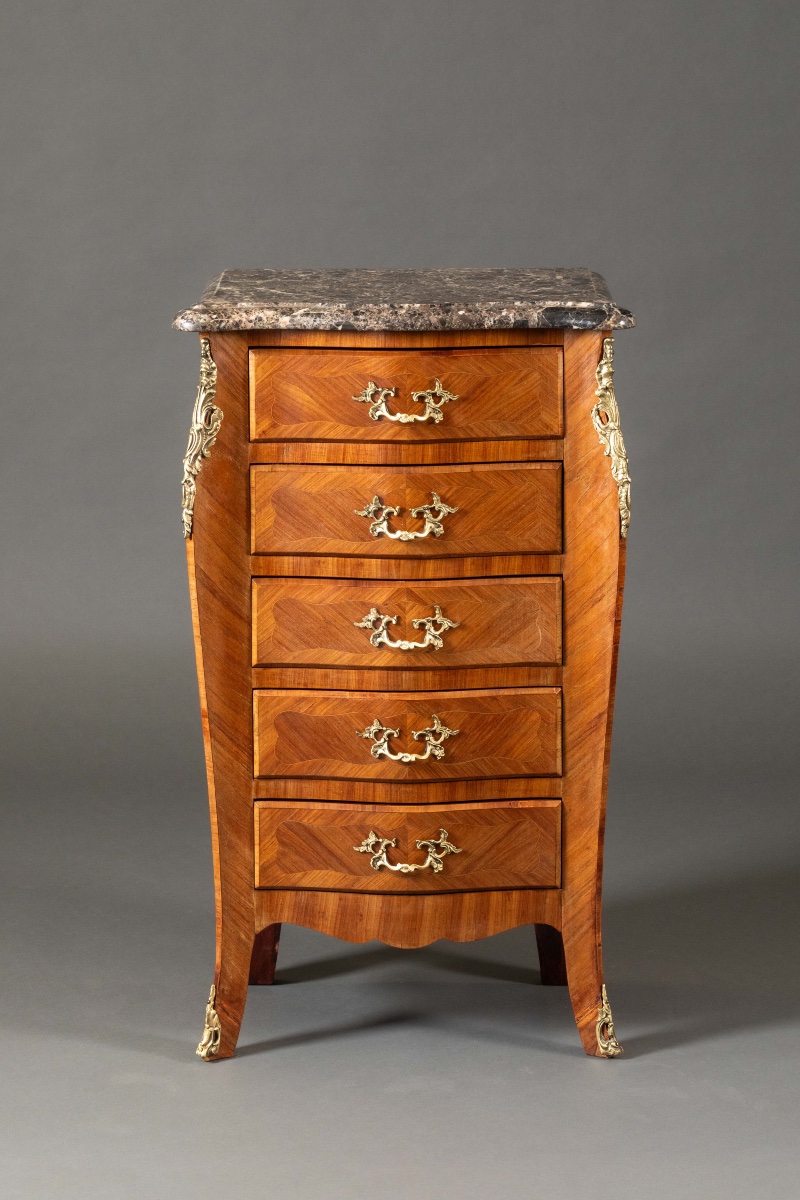 Pair Of Louis XV Style Curved Bedside Tables In Marquetry, Marble Top And Gilded Bronzes - 20th Century-photo-6