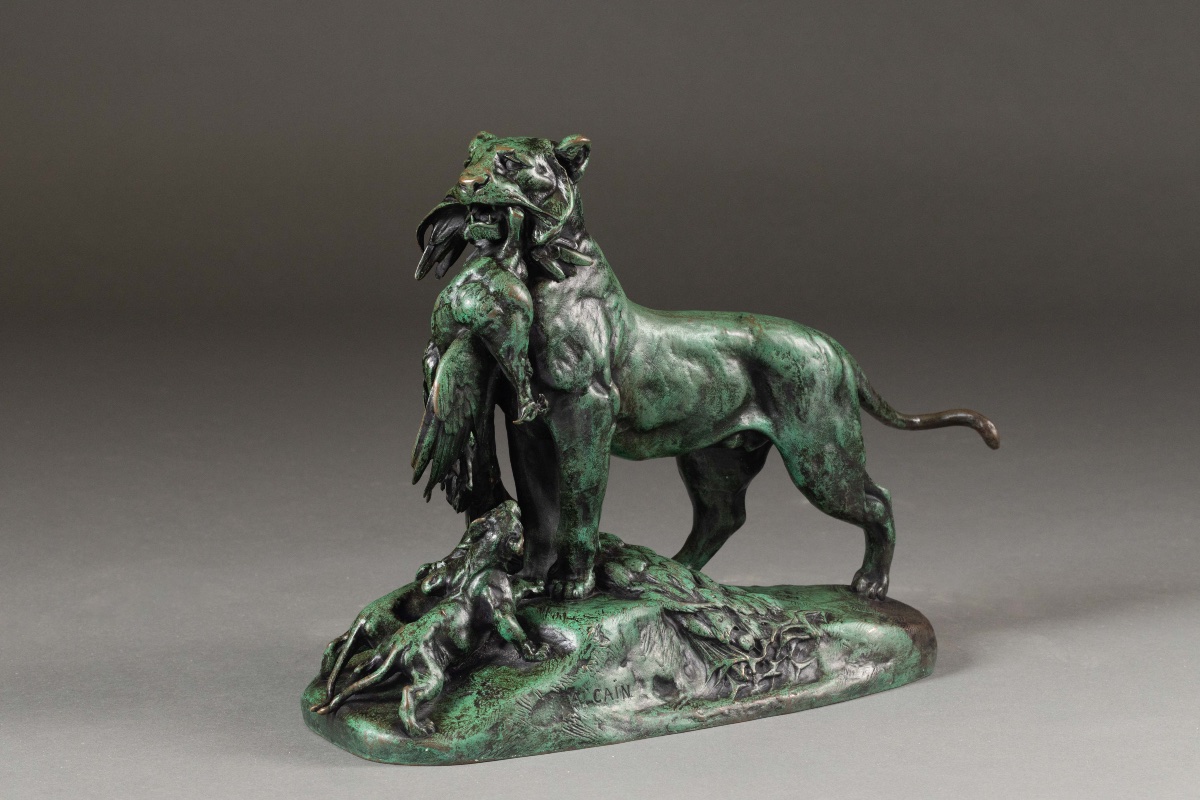 Auguste CAIN (1821-1894), D'après "Lionne apportant un paon à ses deux lionceaux"-photo-4