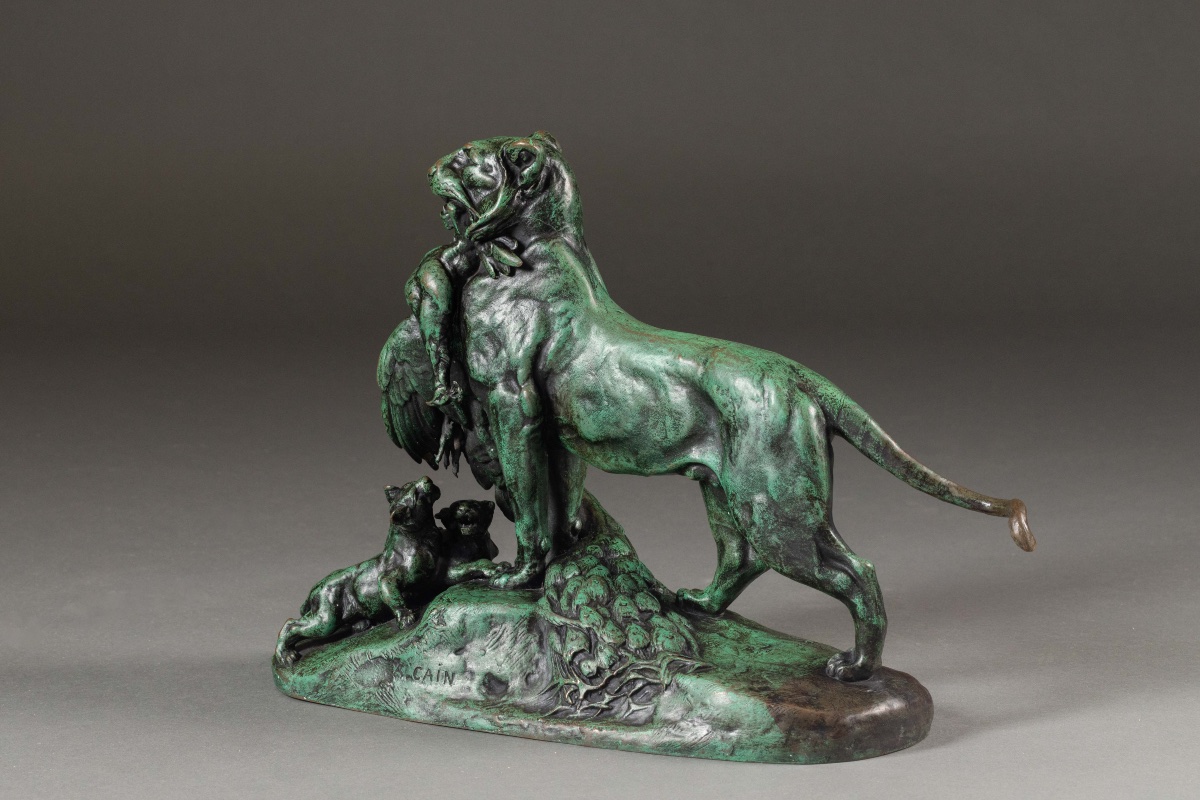 Auguste CAIN (1821-1894), D'après "Lionne apportant un paon à ses deux lionceaux"-photo-4