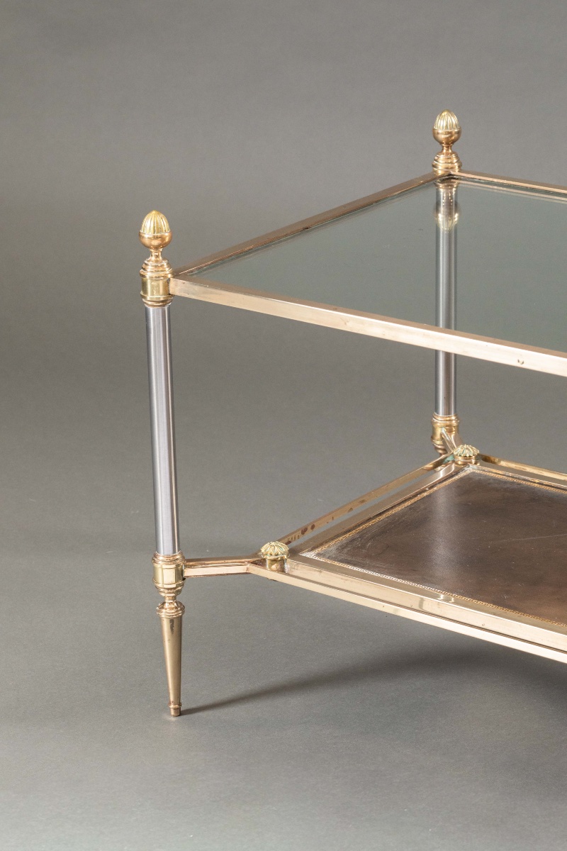 Elegant Neoclassical Brass, Glass And Leather Coffee Table - Directoire Style-photo-3