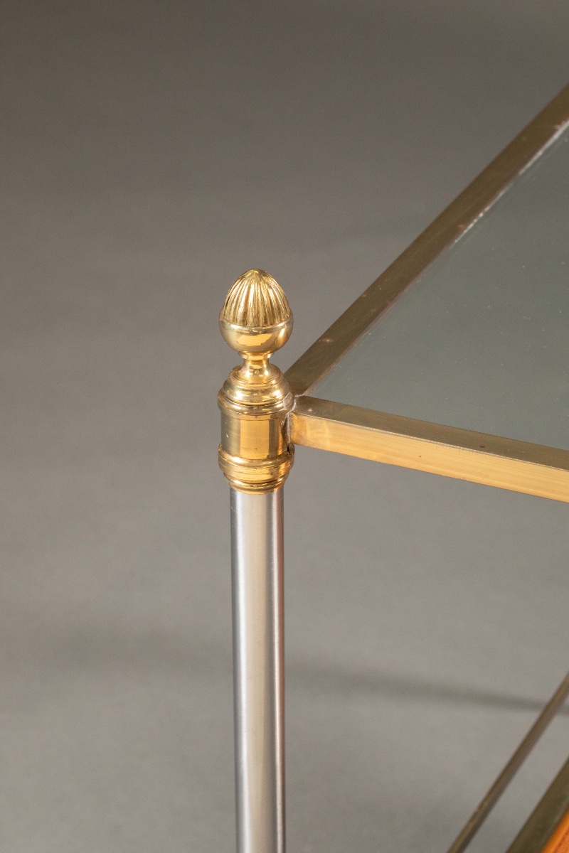 Table basse néoclassique en laiton, métal brossé, verre et cuir – vers 1970-photo-3