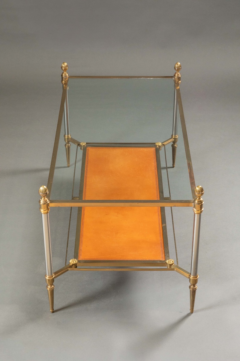 Table basse néoclassique en laiton, métal brossé, verre et cuir – vers 1970-photo-6