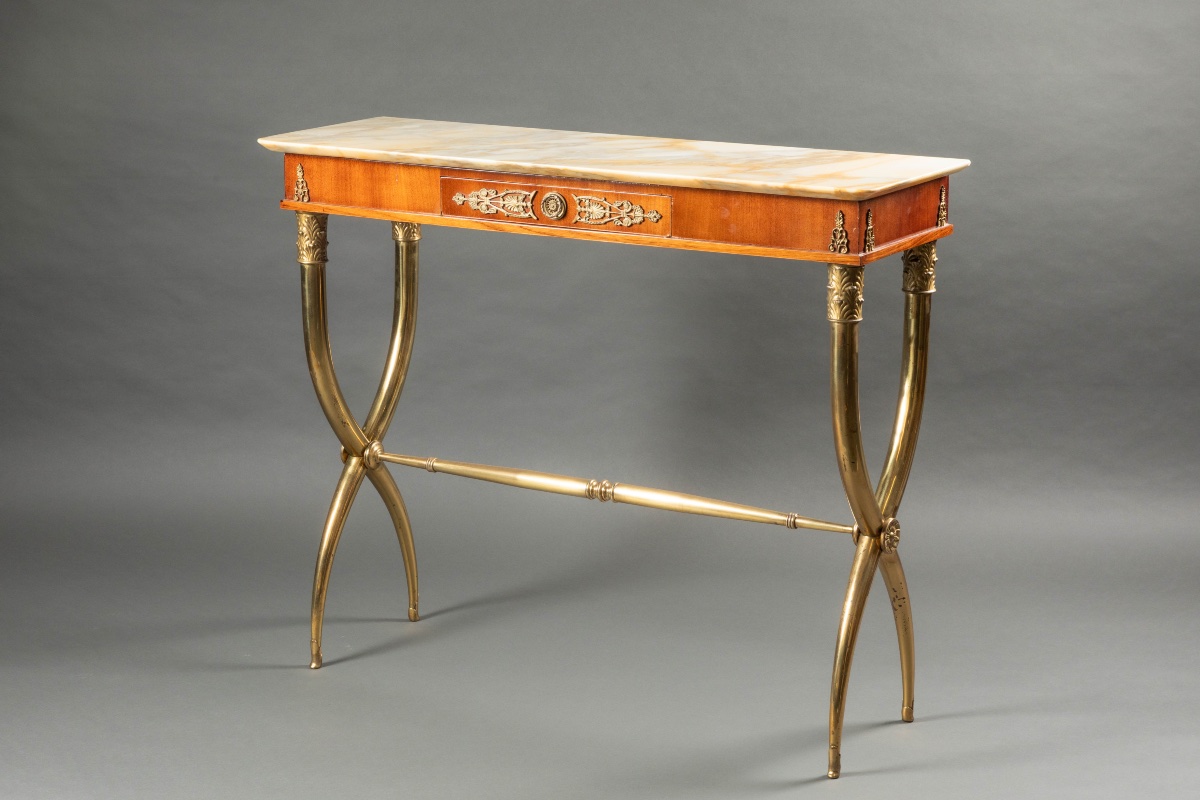 Empire-style Console Table In Mahogany, Gilded Bronze, And An Onyx Top