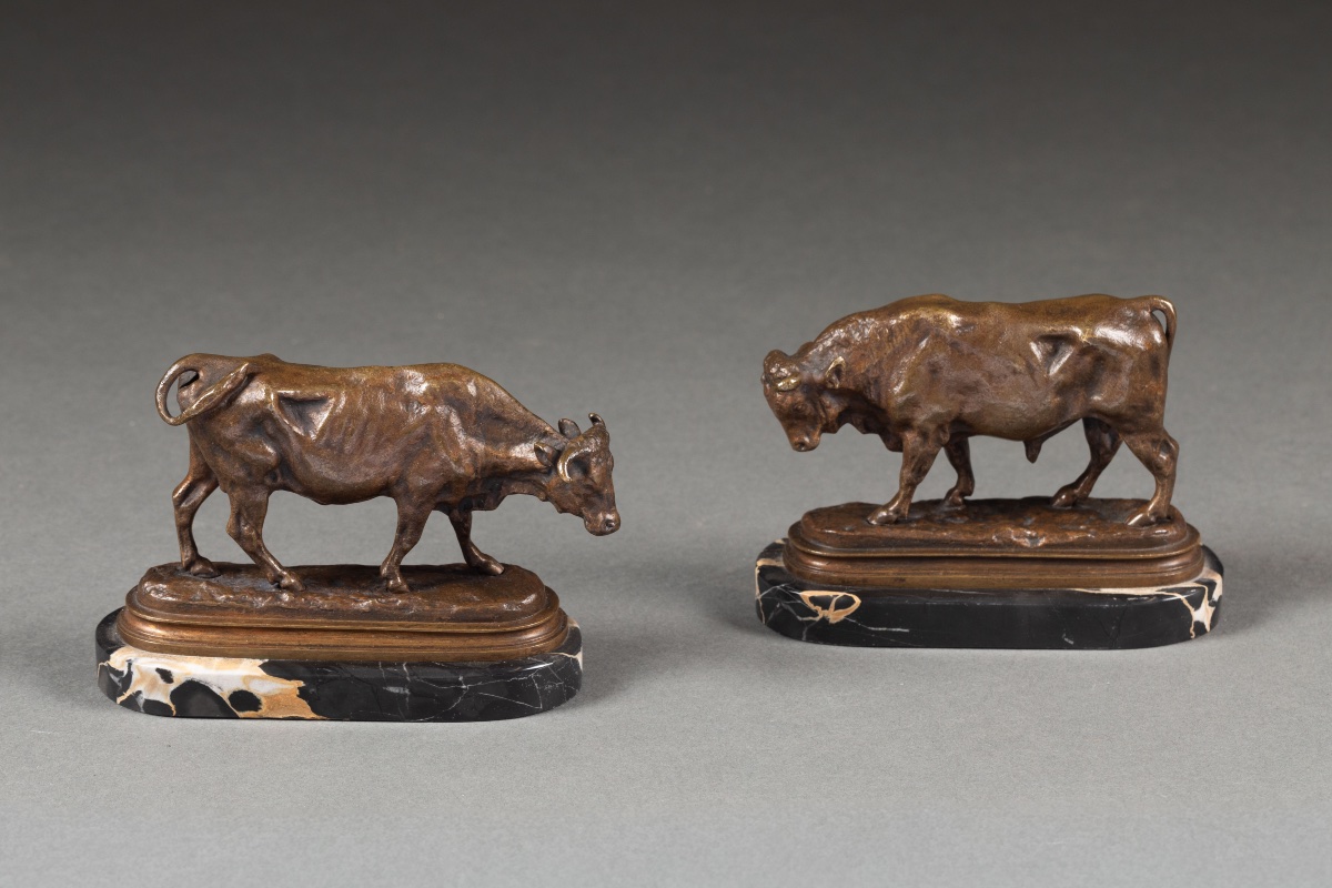 Paire de bronzes animaliers, Taureau et Vache, d’après Rosa Bonheur, fin XIXe siècle