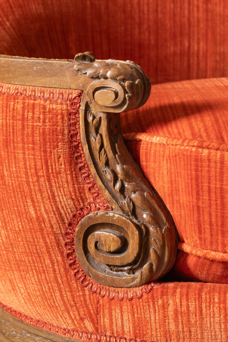 Canapé corbeille de style Louis XVI en bois sculpté, velours rouge corail – XIXe siècl-photo-3