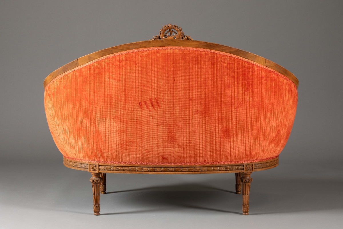 Canapé corbeille de style Louis XVI en bois sculpté, velours rouge corail – XIXe siècl-photo-8