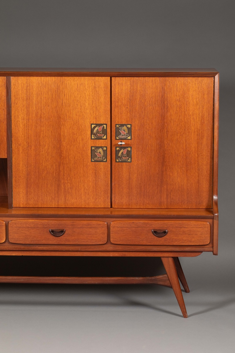     Meuble bar / secrétaire scandinave aux décors géométriques, années 1950-photo-2