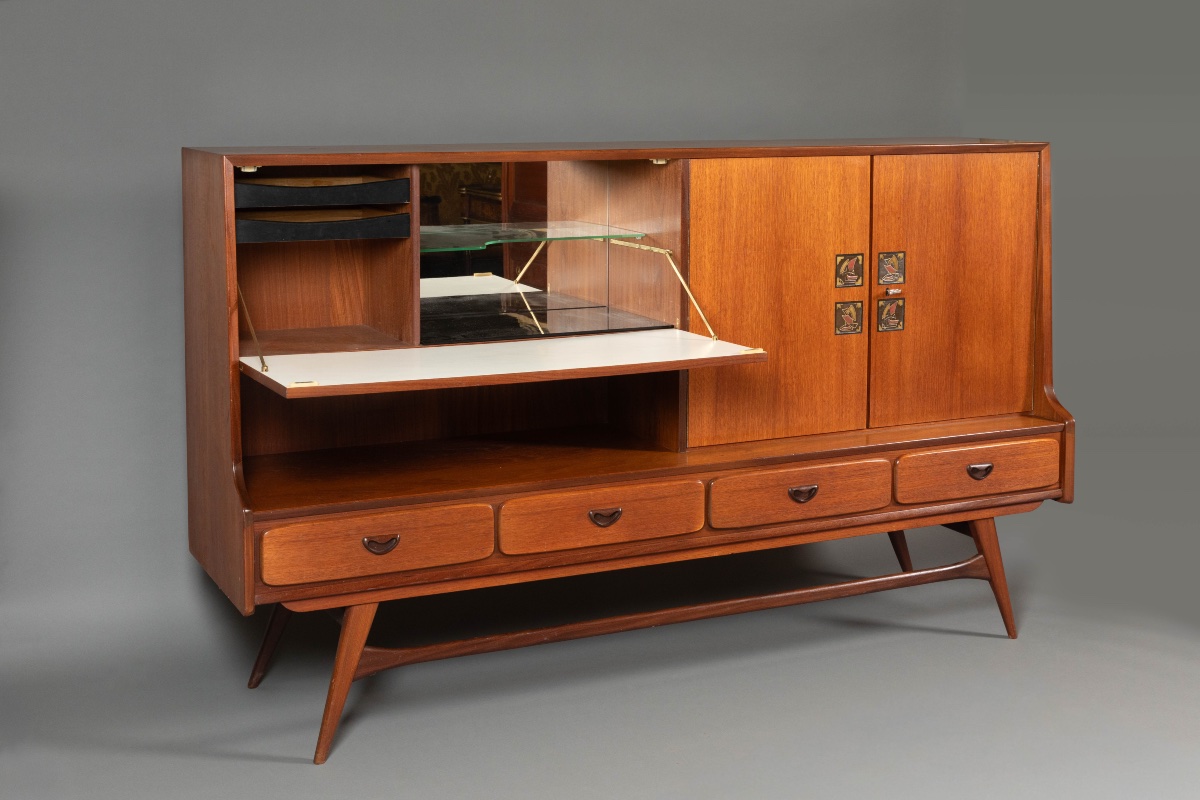     Meuble bar / secrétaire scandinave aux décors géométriques, années 1950-photo-6