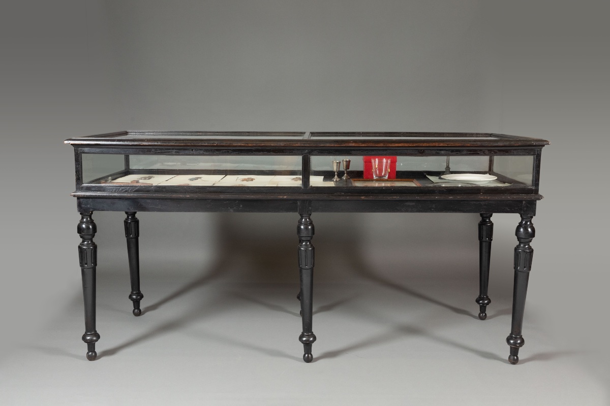 Grande vitrine-table de présentation en bois noirci, six pieds, époque Napoléon II-photo-2