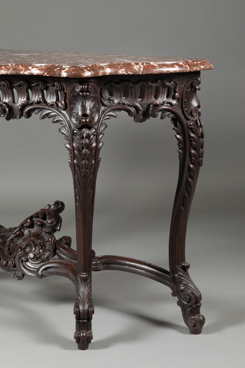 Console Louis XV en bois de chêne et marbre rouge.-photo-3