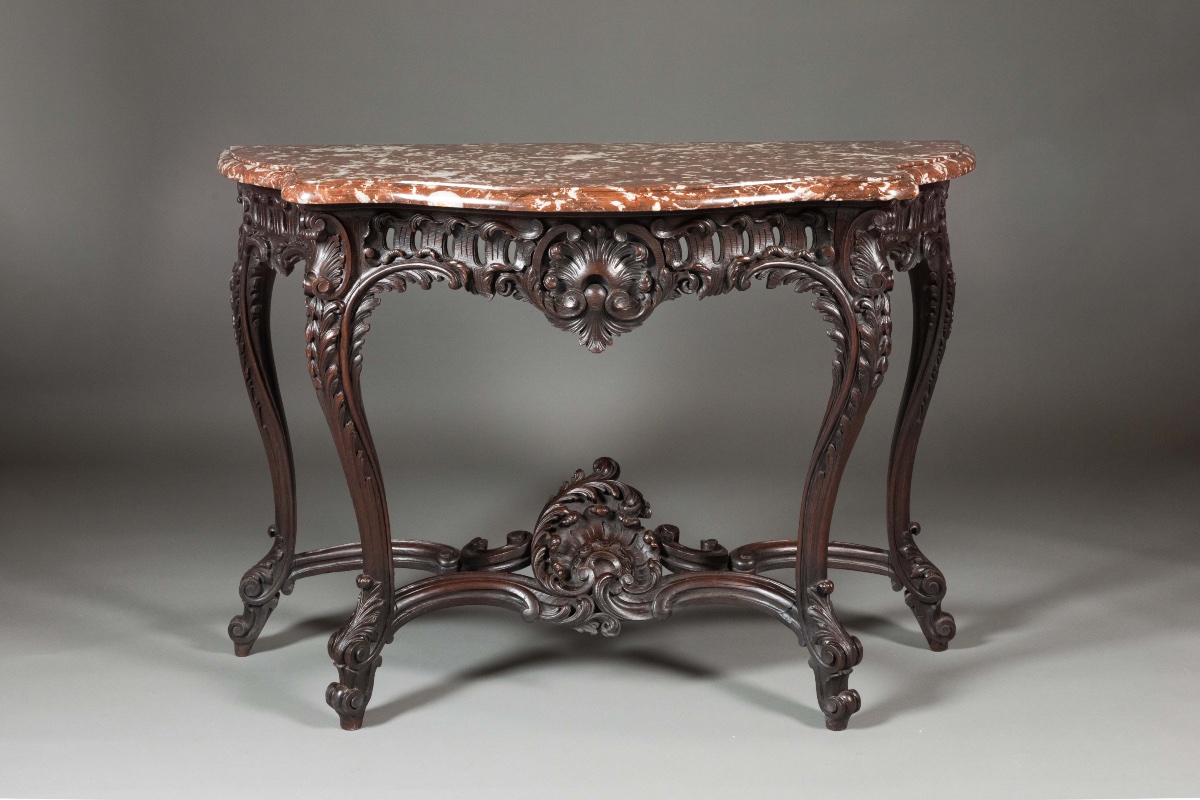 Console Louis XV en bois de chêne et marbre rouge.-photo-4