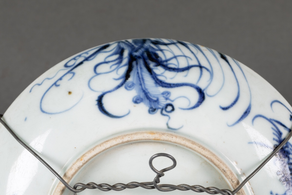 Assiette en porcelaine de Chine bleu et blanc à décor de dragons et motifs floraux-photo-6