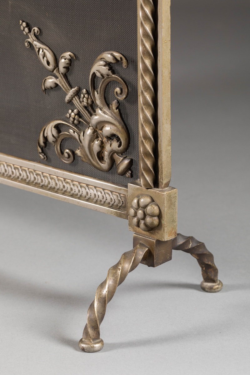Élégant écran de cheminée, pare-feu en bronze argenté, de style Louis XVI, époque XIXᵉ siècle.-photo-3