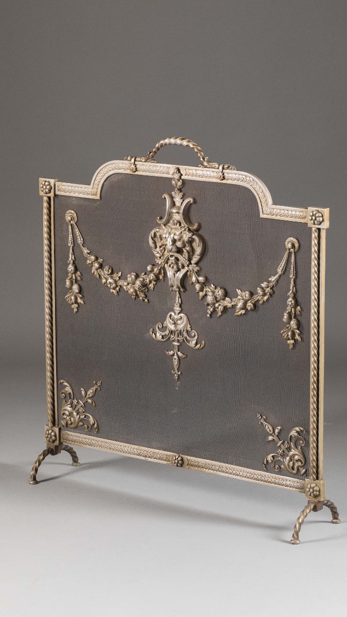 Élégant écran de cheminée, pare-feu en bronze argenté, de style Louis XVI, époque XIXᵉ siècle.-photo-2