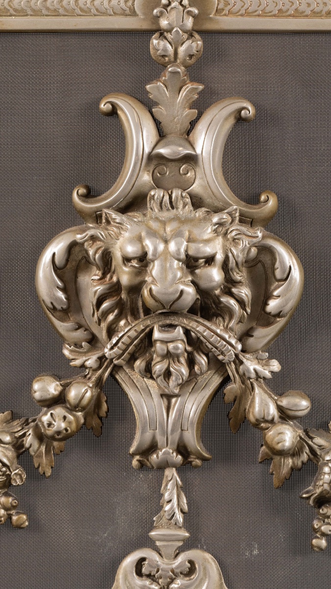 Élégant écran de cheminée, pare-feu en bronze argenté, de style Louis XVI, époque XIXᵉ siècle.-photo-3