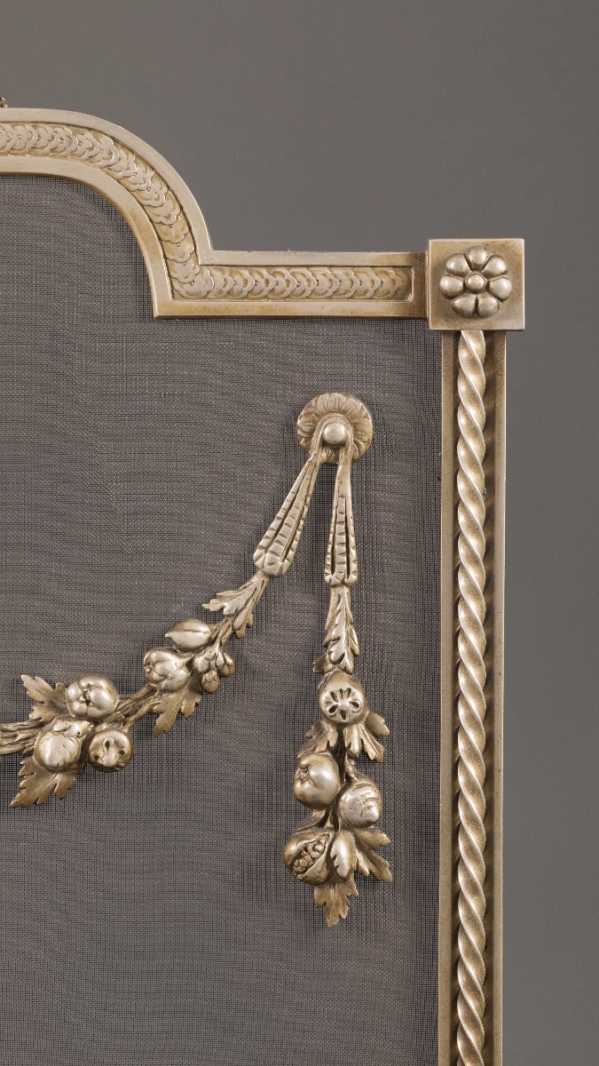 Élégant écran de cheminée, pare-feu en bronze argenté, de style Louis XVI, époque XIXᵉ siècle.-photo-4