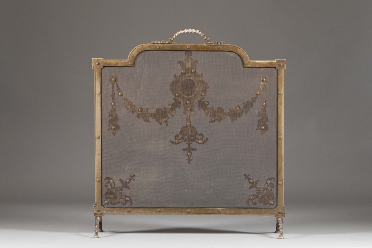 Élégant écran de cheminée, pare-feu en bronze argenté, de style Louis XVI, époque XIXᵉ siècle.-photo-5