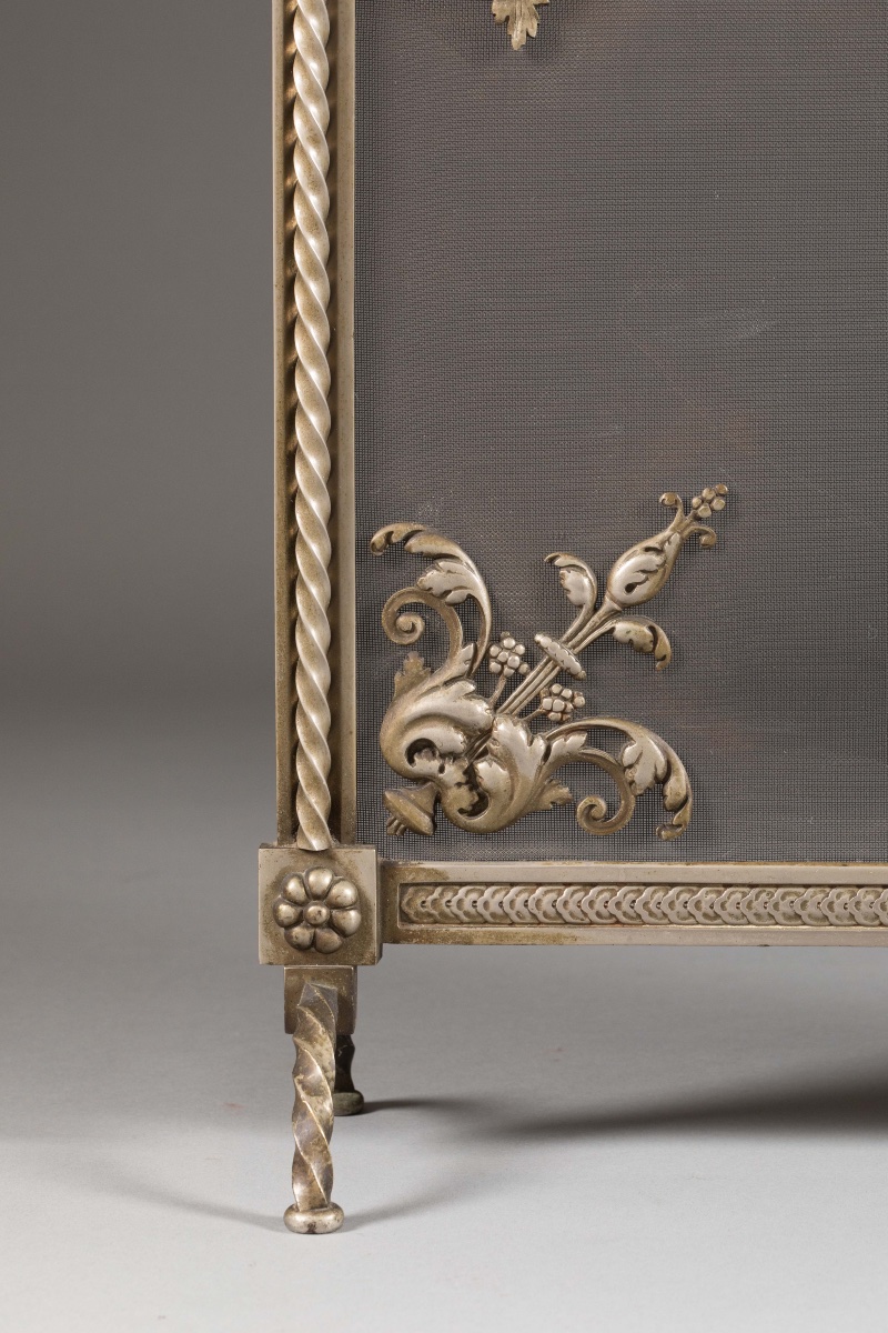 Élégant écran de cheminée, pare-feu en bronze argenté, de style Louis XVI, époque XIXᵉ siècle.-photo-8