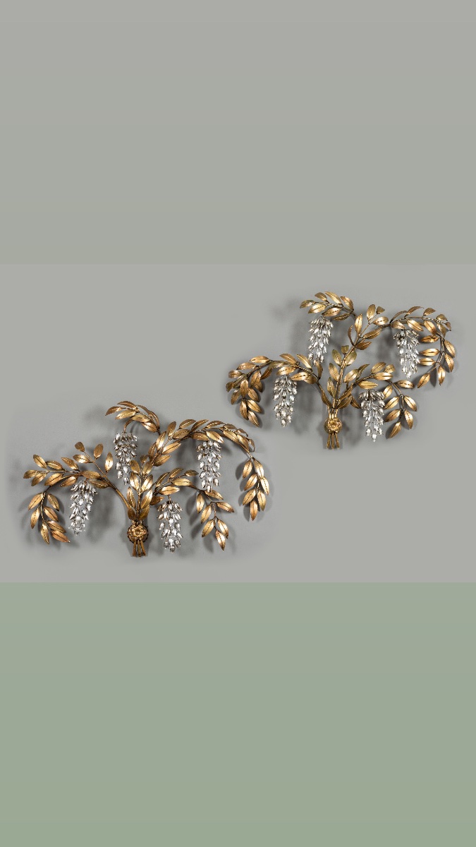 Hans Kögl – Pair Of Very Large Floral Wall Sconces In Gold And Silver-plated Metal, Circa 1960–1970-photo-2