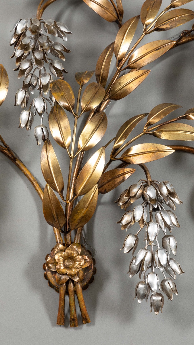 Hans Kögl – Pair Of Very Large Floral Wall Sconces In Gold And Silver-plated Metal, Circa 1960–1970-photo-4