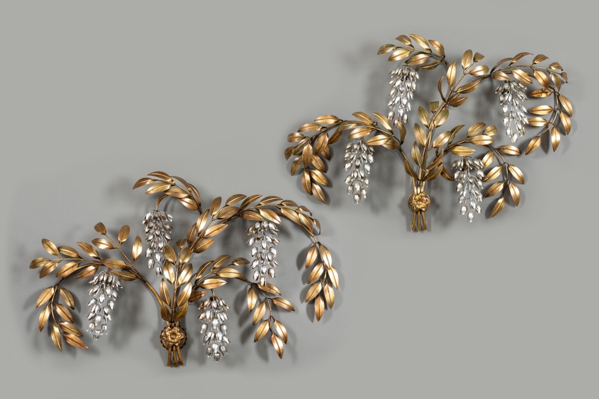 Hans Kögl – Pair Of Very Large Floral Wall Sconces In Gold And Silver-plated Metal, Circa 1960–1970