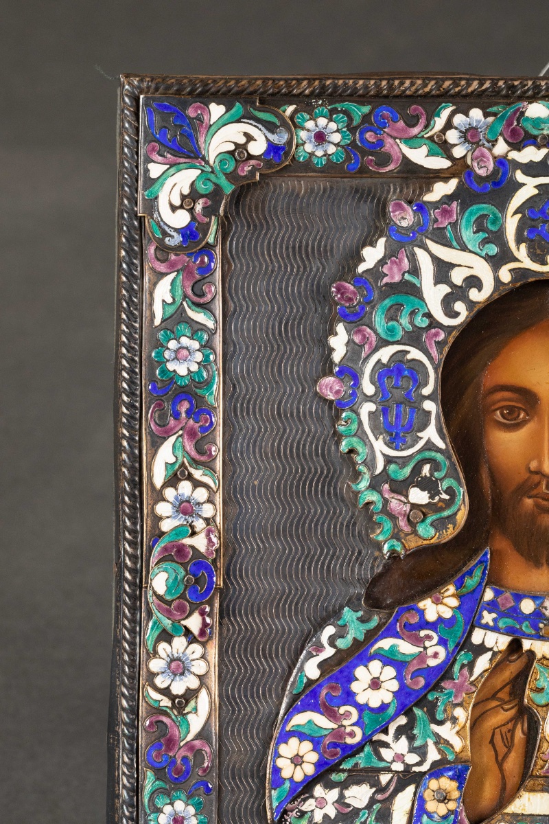 Icône russe du Christ Pantocrator – Oklad en argent 84 et émaux polychromes-photo-2
