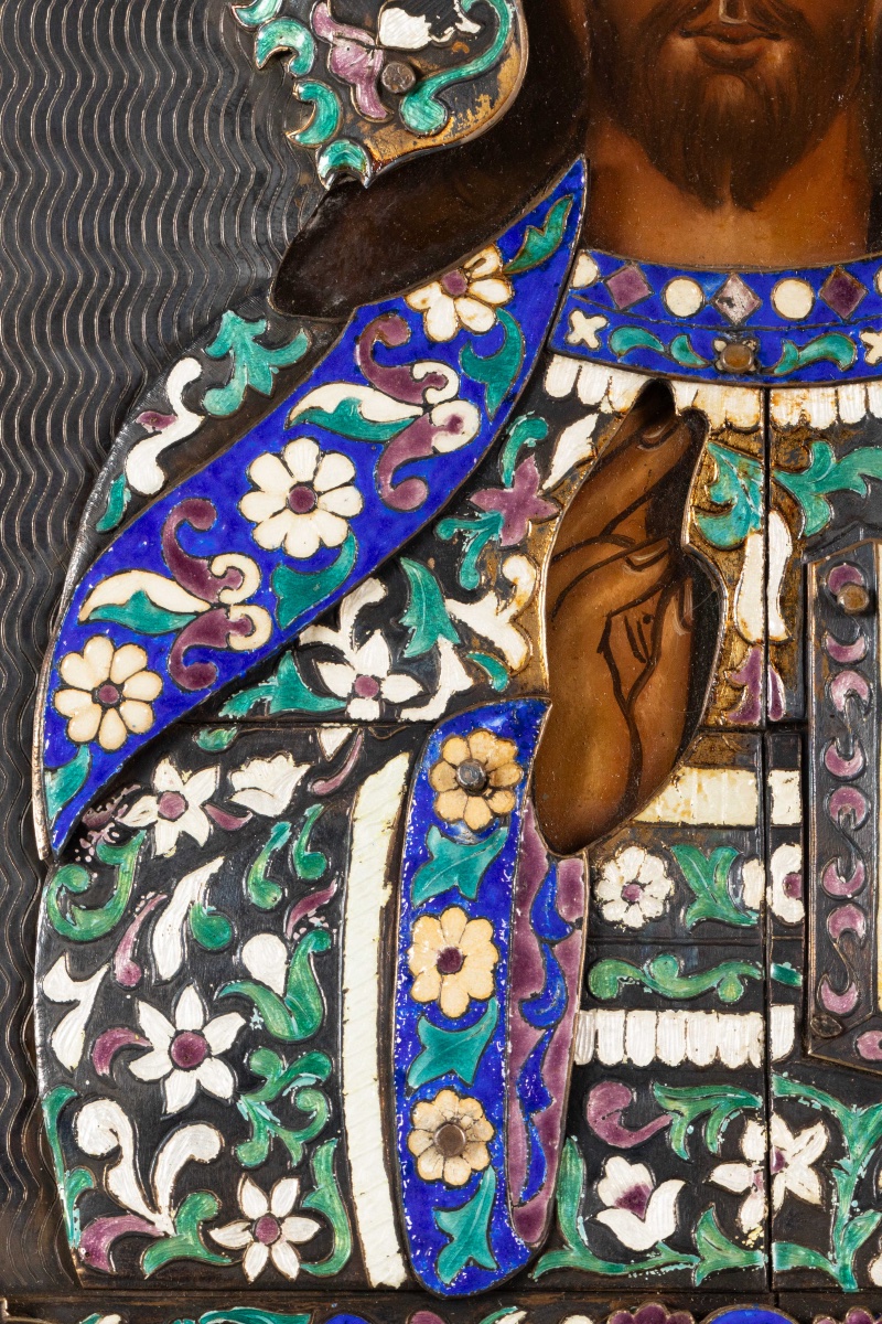 Icône russe du Christ Pantocrator – Oklad en argent 84 et émaux polychromes-photo-3