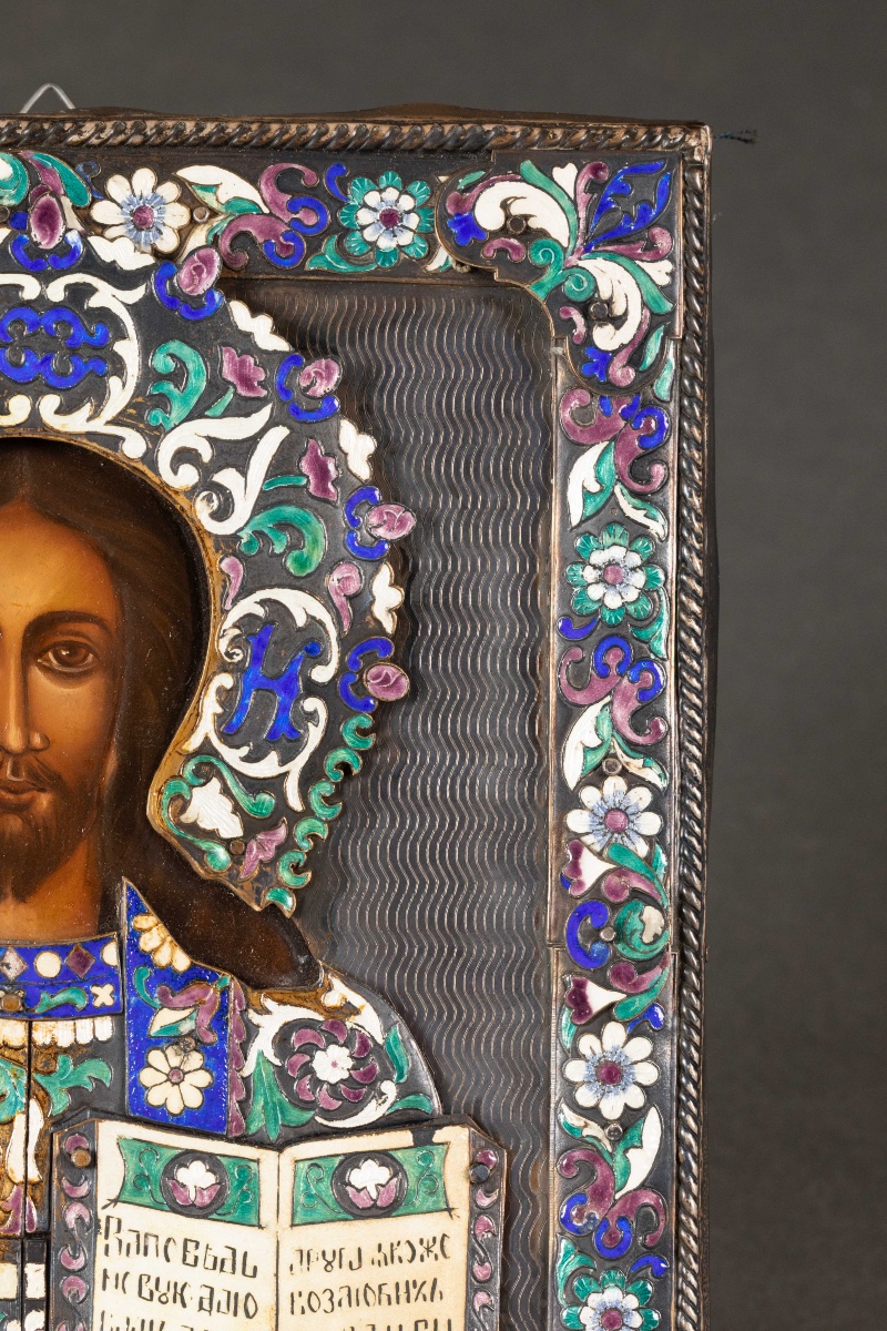 Icône russe du Christ Pantocrator – Oklad en argent 84 et émaux polychromes-photo-4