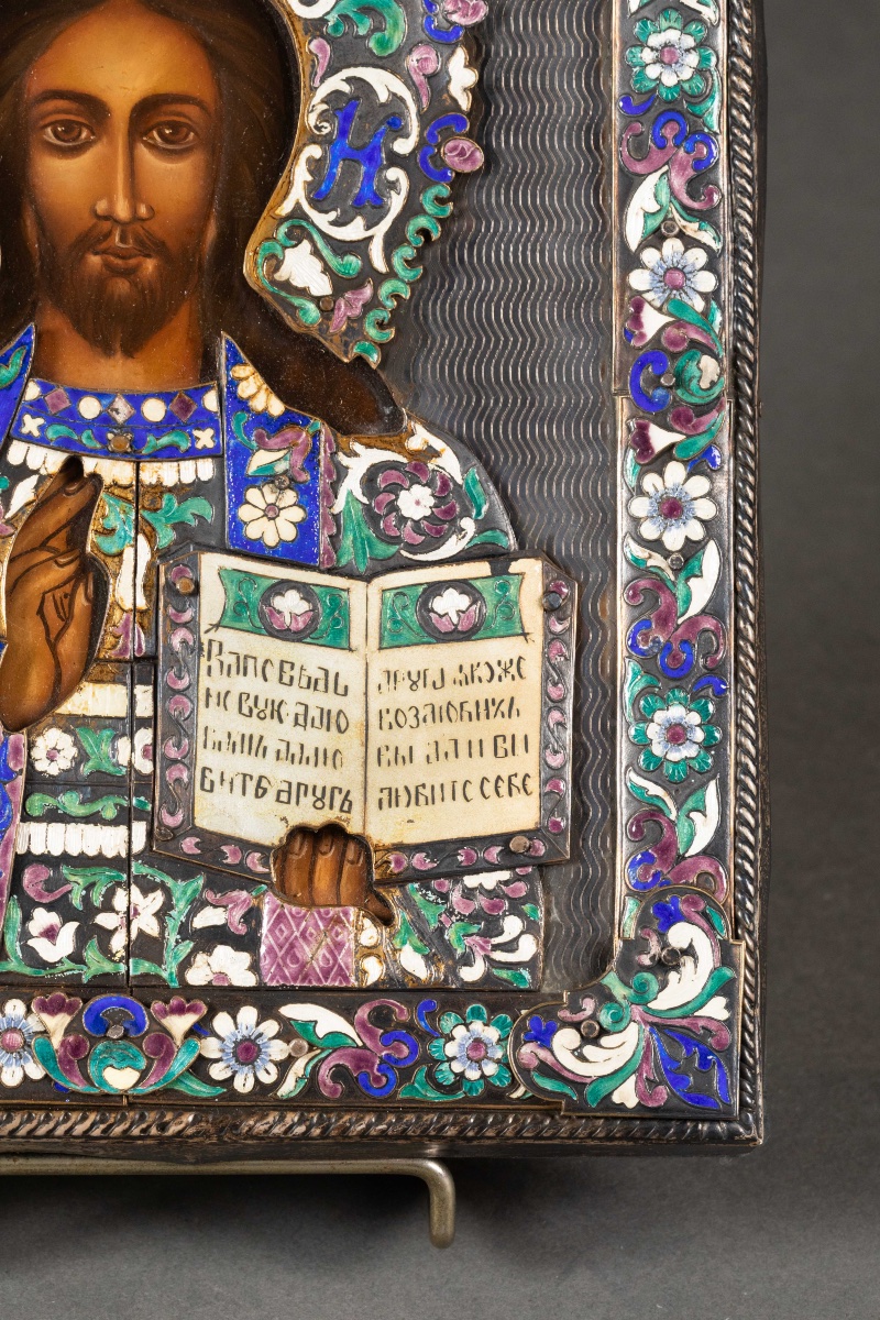 Icône russe du Christ Pantocrator – Oklad en argent 84 et émaux polychromes-photo-1