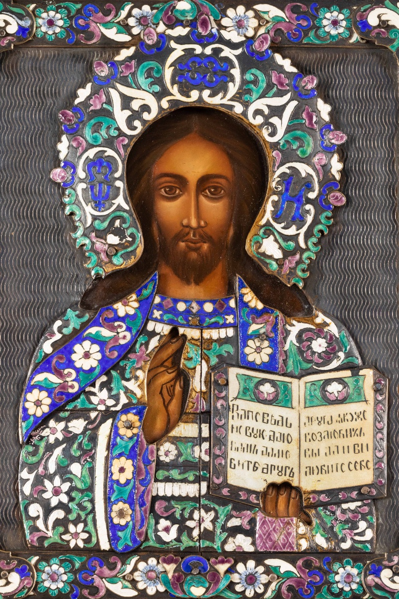 Icône russe du Christ Pantocrator – Oklad en argent 84 et émaux polychromes-photo-2