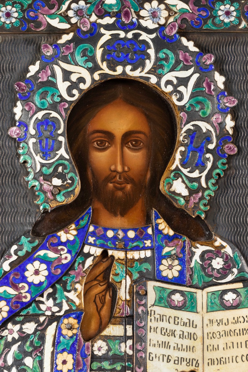 Icône russe du Christ Pantocrator – Oklad en argent 84 et émaux polychromes-photo-3