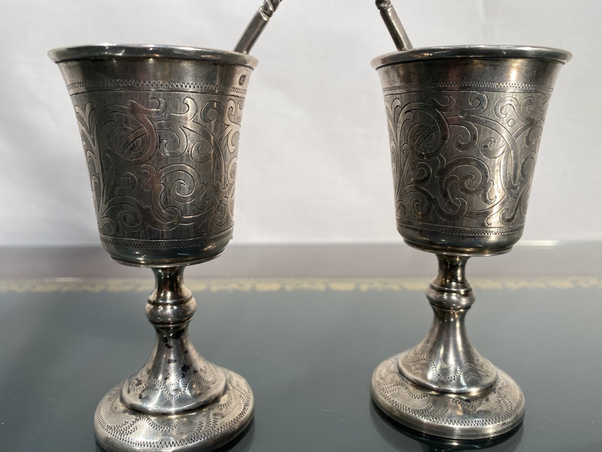 Deux Verres Sur Piédouche Et Deux Cuillères En Argent Travail Russe.-photo-1