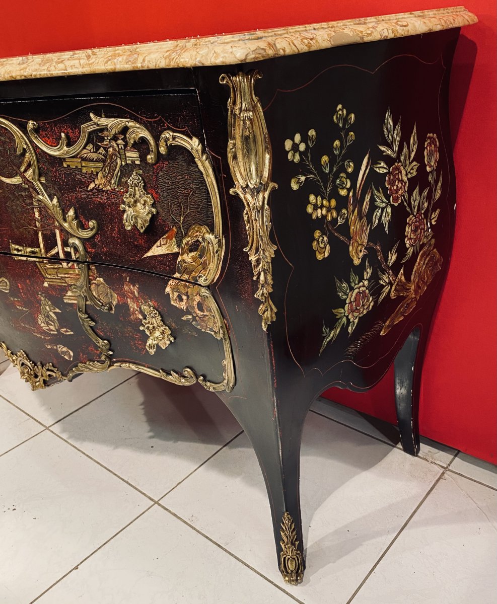 Louis XV Style Commode With Two Lacquered Wood Drawers With Asian Decor-photo-2