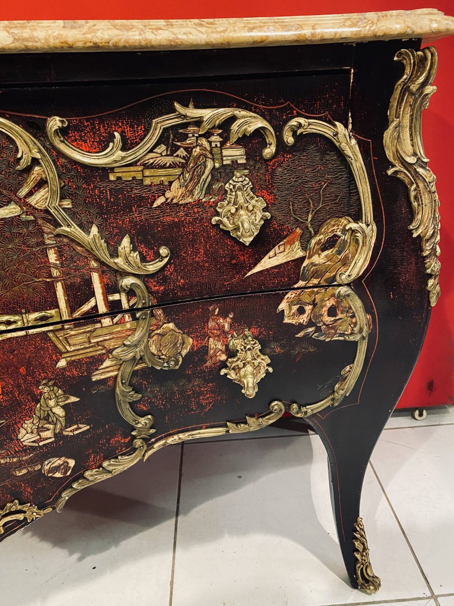 Louis XV Style Commode With Two Lacquered Wood Drawers With Asian Decor-photo-2