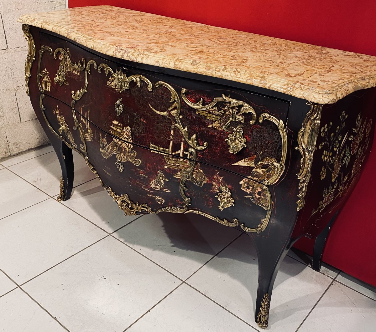 Louis XV Style Commode With Two Lacquered Wood Drawers With Asian Decor-photo-6