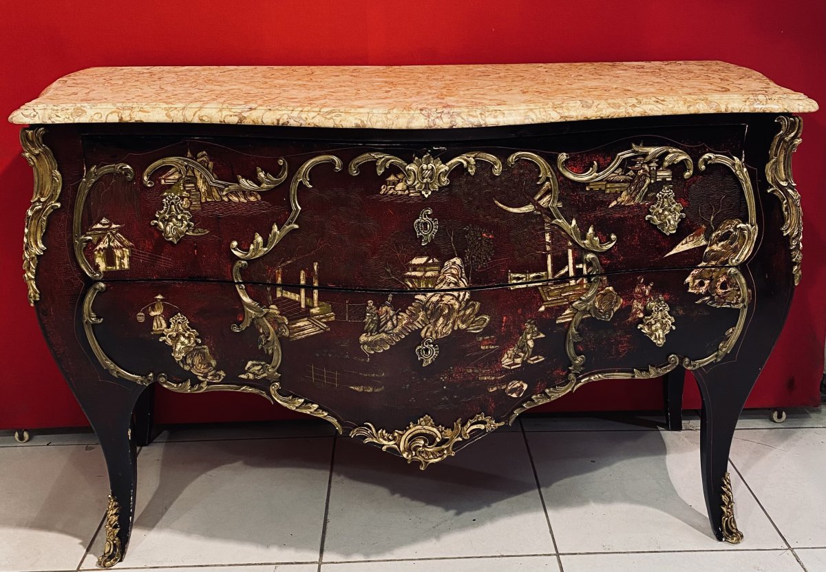 Louis XV Style Commode With Two Lacquered Wood Drawers With Asian Decor