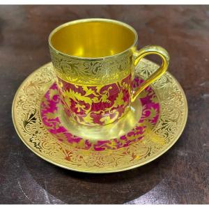 G Dumas Fils Limoges 4 Cups And 4 Coffee Saucers In Limoges Gold Hand Porcelain.