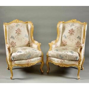 Pair Of Louis XV Style Bergeres In Gilded Wood 
