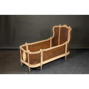 Louis XVI Style Child's Bed With Beige Molded Wood Cane 