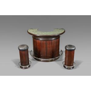 Semi-circular Bar With Marble Top And Two Stools 