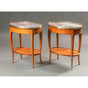 Élégante Paire de Tables Bouillotte Ovales de Style Louis XVI, Marbre Brèche et Galerie en Lait