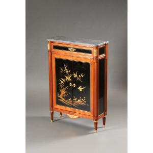 Élégant Meuble d’Appui Style Louis XVI Japonisant, Laque Noire et Décor Doré, Plateau Marbre