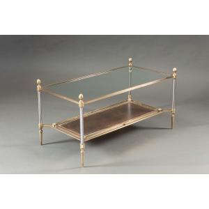 Elegant Neoclassical Brass, Glass And Leather Coffee Table - Directoire Style