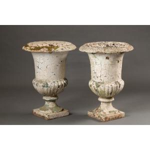 Pair Of Large Painted Cast-iron Medici Vases – 19th Century