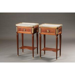 Paire de tables de chevet de style Louis XVI en acajou, marbre et bronze doré, XXe siècle