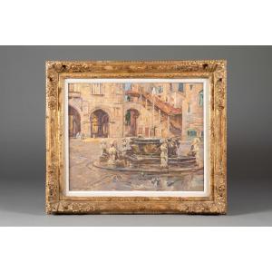 Charles Michel (Liège 1874 – Mexico 1967) – Fontaine, huile sur toile, Bruxelles