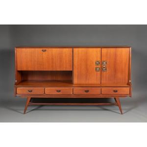 Meuble bar / secrétaire scandinave aux décors géométriques, années 1950